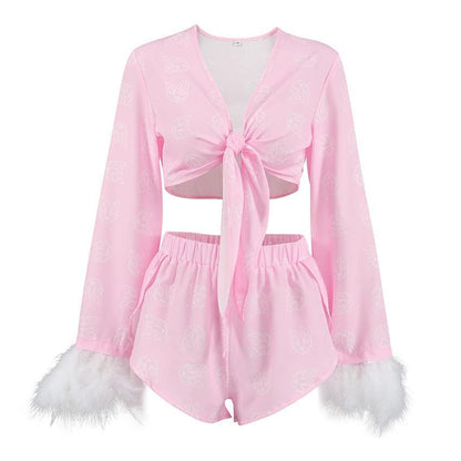 Long Sleeve Shorts Pink Sexy Fluff Two Piece Pajamas Comfortable Thin Ladies Homewear - Yara fashion  557372 Long Sleeve Shorts Pink Sexy Fluff Two Piece Pajamas Comfortable Thin Ladies Homewear 