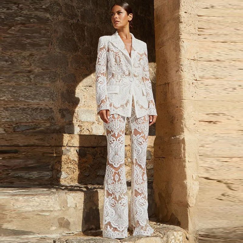 Mesh Heavy Embroidery Sequined Blazer Trousers Suit Two Piece Set - Yara fashion  82929963 Mesh Heavy Embroidery Sequined Blazer Trousers Suit Two Piece Set 