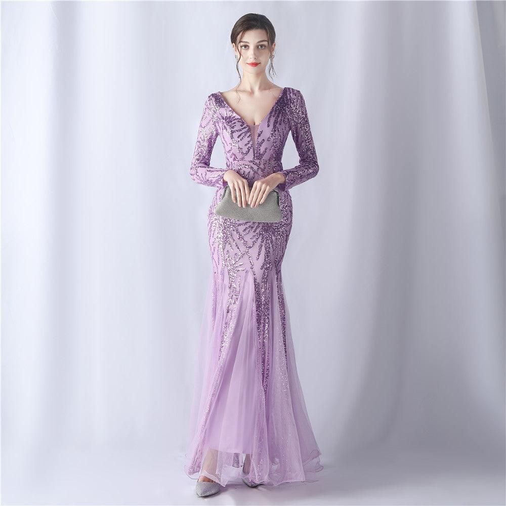 Mesh Sequin Wedding Dinner Annual Meeting Host Long Sleeve Evening Dress - Yara fashion  98946769 Mesh Sequin Wedding Dinner Annual Meeting Host Long Sleeve Evening Dress 