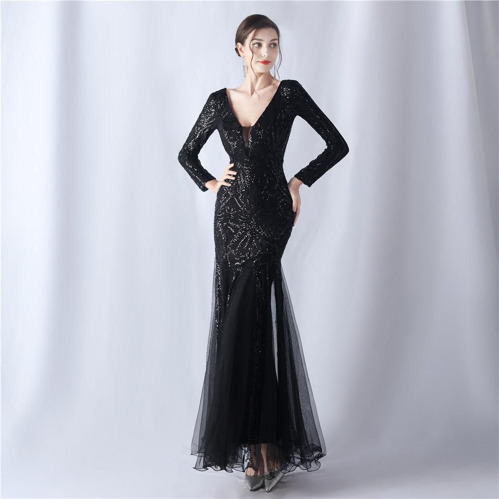 Mesh Sequin Wedding Dinner Annual Meeting Host Long Sleeve Evening Dress - Yara fashion  83300755 Mesh Sequin Wedding Dinner Annual Meeting Host Long Sleeve Evening Dress 