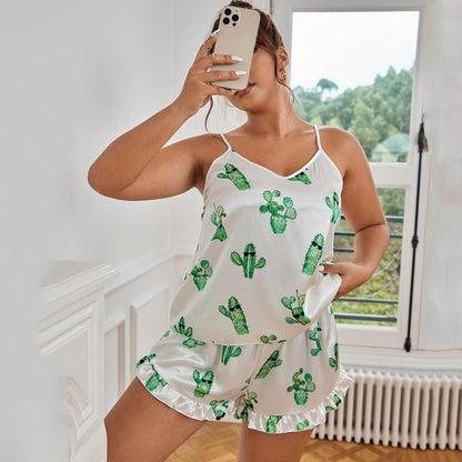 Plus Size Backless Strap Pajamas Women Simple Cactus Suspender Shorts Seit Casual Loose Home Wear - Yara fashion  4981851 Plus Size Backless Strap Pajamas Women Simple Cactus Suspender Shorts Seit Casual Loose Home Wear 