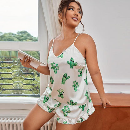 Plus Size Backless Strap Pajamas Women Simple Cactus Suspender Shorts Seit Casual Loose Home Wear - Yara fashion  28306101 Plus Size Backless Strap Pajamas Women Simple Cactus Suspender Shorts Seit Casual Loose Home Wear 