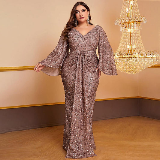 plus Size Ladies Cocktail Dress Sequined Long Sleeve V-neck Pleated Dress Hip Dress - Yara fashion  23372281 plus Size Ladies Cocktail Dress Sequined Long Sleeve V-neck Pleated Dress Hip Dress 