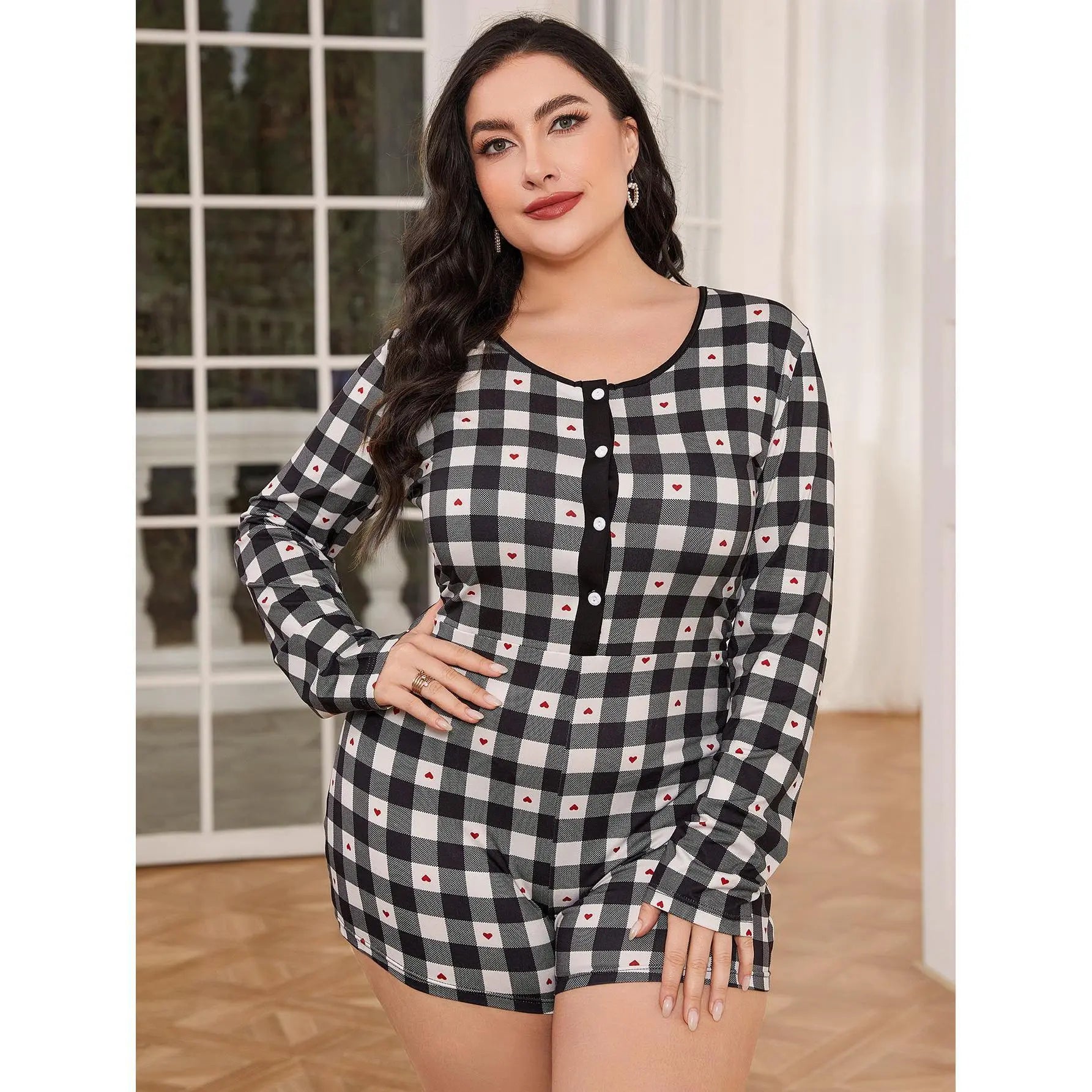 Plus Size Pajamas Women Spring Autumn Long Sleeve Siamese Home Wear Meike - Yara fashion  93114276 Plus Size Pajamas Women Spring Autumn Long Sleeve Siamese Home Wear Meike 