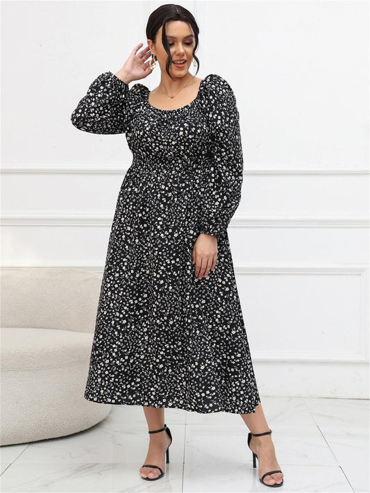 Plus Size Puff Sleeve Square Collar Long Sleeve Mid length Dress - Yara fashion  79460337 Plus Size Puff Sleeve Square Collar Long Sleeve Mid length Dress 