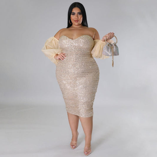 Plus Size Sexy Sequ Dress Tube Top Mesh Solid Color Evening Dress Tight Sexy Hip - Yara fashion  49555590 Plus Size Sexy Sequ Dress Tube Top Mesh Solid Color Evening Dress Tight Sexy Hip 