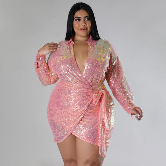 Plus Size Sexy Sequined Gilding Nightclub Long Sleeve Lace up Dress Women - Yara fashion  14588503 Plus Size Sexy Sequined Gilding Nightclub Long Sleeve Lace up Dress Women 