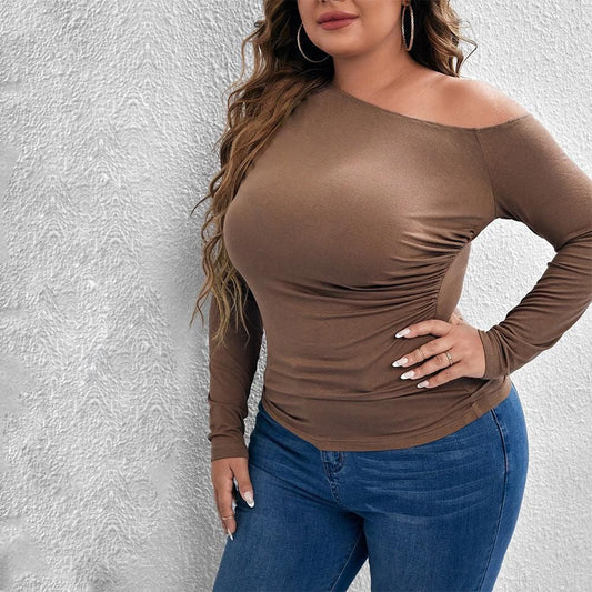 plus Size Women Clothes Slim Fit Slim Sexy off the Shoulder Diagonal Collar Knitted Long Sleeved T shirt Top - Yara fashion  9680156 plus Size Women Clothes Slim Fit Slim Sexy off the Shoulder Diagonal Collar Knitted Long Sleeved T shirt Top 