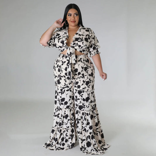 Plus Size Women Strap Printing Two Piece Suit Wide Leg Pants Summer - Yara fashion  95625724 Plus Size Women Strap Printing Two Piece Suit Wide Leg Pants Summer 