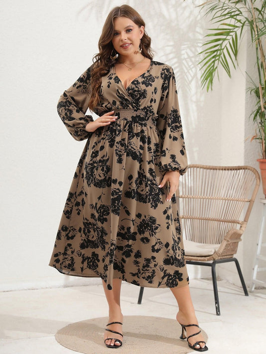 Plus Size Women V Neck Long Sleeve Dress - Yara fashion  57364137 Plus Size Women V Neck Long Sleeve Dress 