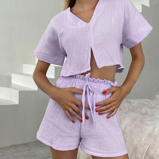 Pure Cotton Purple V Collar Batwing Sleeve Short Sleeve Pants Pajamas Set Summer Ladies Homewear - Yara fashion  61624215 Pure Cotton Purple V Collar Batwing Sleeve Short Sleeve Pants Pajamas Set Summer Ladies Homewear 