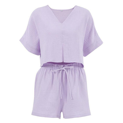 Pure Cotton Purple V Collar Batwing Sleeve Short Sleeve Pants Pajamas Set Summer Ladies Homewear - Yara fashion  20882969 Pure Cotton Purple V Collar Batwing Sleeve Short Sleeve Pants Pajamas Set Summer Ladies Homewear 