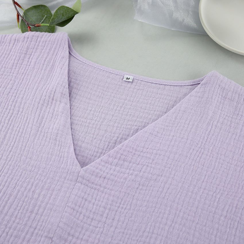 Pure Cotton Purple V Collar Batwing Sleeve Short Sleeve Pants Pajamas Set Summer Ladies Homewear - Yara fashion  84400900 Pure Cotton Purple V Collar Batwing Sleeve Short Sleeve Pants Pajamas Set Summer Ladies Homewear 