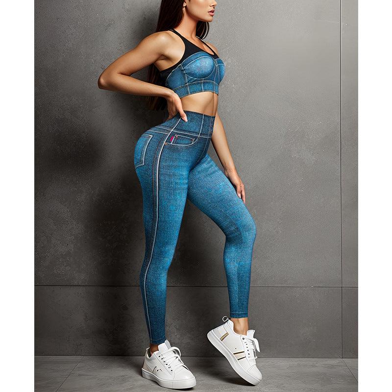 Running Fitness Sports Tight Denim Blue Bra Strap Chest Pad Vest Women Seamless High Waist Yoga Set - Yara fashion  85855150 Running Fitness Sports Tight Denim Blue Bra Strap Chest Pad Vest Women Seamless High Waist Yoga Set 