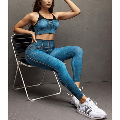 Running Fitness Sports Tight Denim Blue Bra Strap Chest Pad Vest Women Seamless High Waist Yoga Set - Yara fashion  20302668 Running Fitness Sports Tight Denim Blue Bra Strap Chest Pad Vest Women Seamless High Waist Yoga Set 