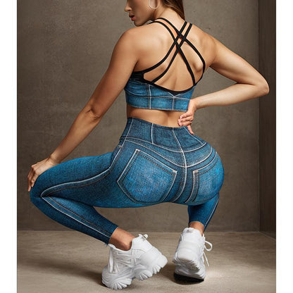 Running Fitness Sports Tight Denim Blue Bra Strap Chest Pad Vest Women Seamless High Waist Yoga Set - Yara fashion  83715048 Running Fitness Sports Tight Denim Blue Bra Strap Chest Pad Vest Women Seamless High Waist Yoga Set 