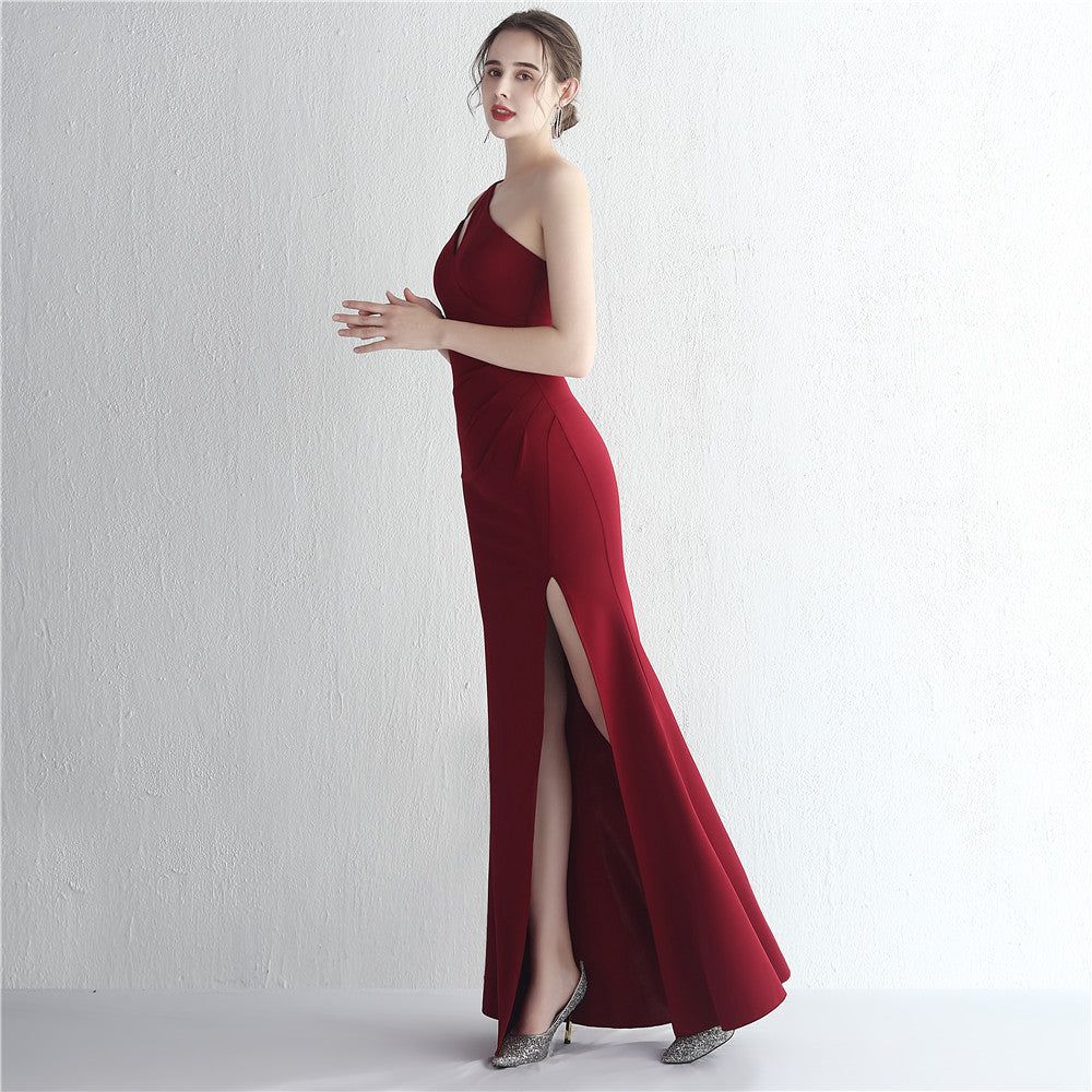 Satin Slim Fit One Shoulder Long Debutante Gala Dinner Slimming Fishtail Wedding Car Model Exhibition Dress - Yara fashion  93557018 Satin Slim Fit One Shoulder Long Debutante Gala Dinner Slimming Fishtail Wedding Car Model Exhibition Dress 