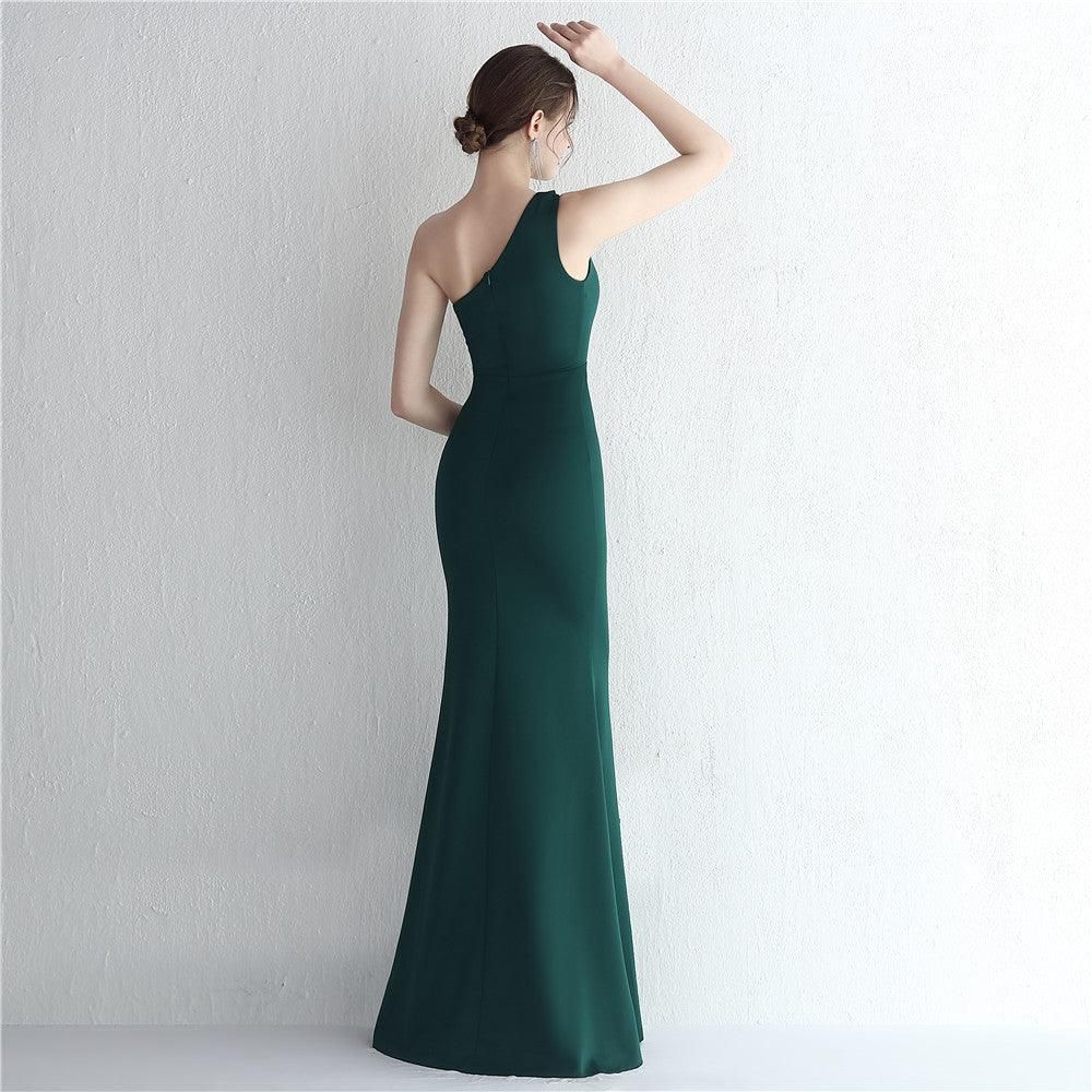 Satin Slim Fit One Shoulder Long Debutante Gala Dinner Slimming Fishtail Wedding Car Model Exhibition Dress - Yara fashion  91037958 Satin Slim Fit One Shoulder Long Debutante Gala Dinner Slimming Fishtail Wedding Car Model Exhibition Dress 