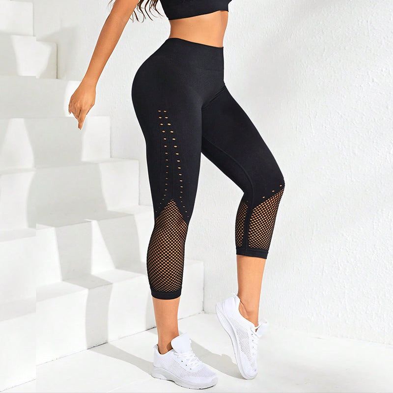 Seamless Hollow Out Cutout Mesh High Waist Hip Lift Yoga Cropped Pants Sports Sexy Bra Fitness Suit - Yara fashion  49999286 Seamless Hollow Out Cutout Mesh High Waist Hip Lift Yoga Cropped Pants Sports Sexy Bra Fitness Suit 