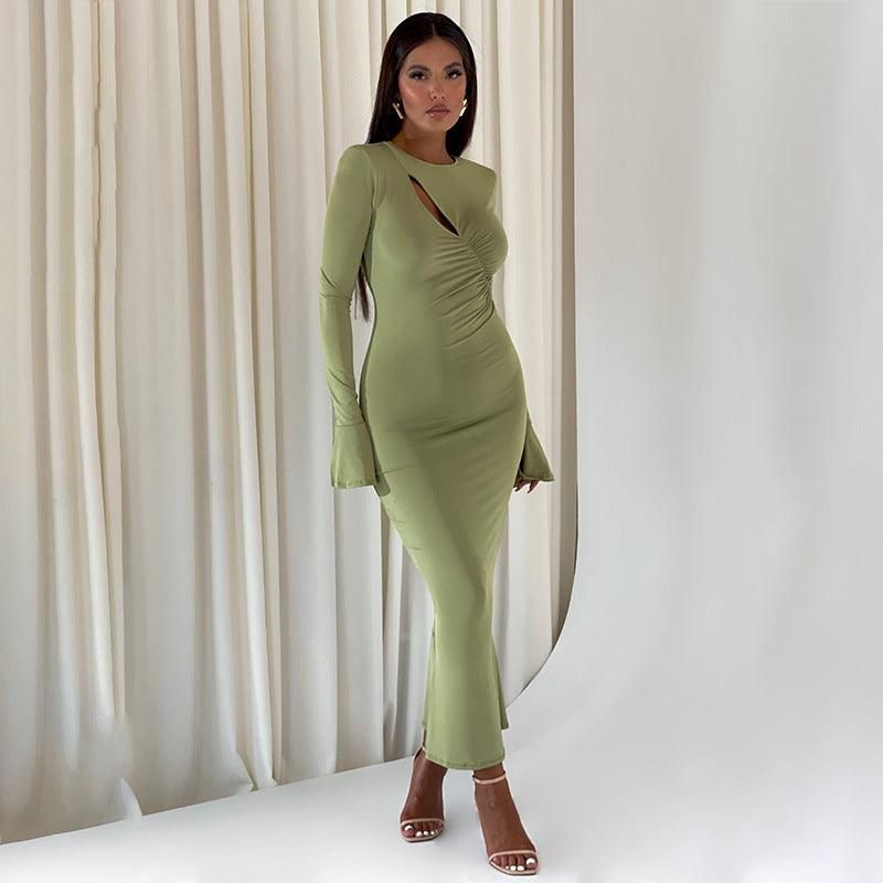 Sexy Long Sleeve round Neck Stitching Ruffle Horn Long Sleeve Narrow Slim Fit Maxi Dress - Yara fashion  51328753 Sexy Long Sleeve round Neck Stitching Ruffle Horn Long Sleeve Narrow Slim Fit Maxi Dress 