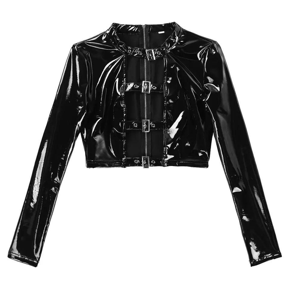 Sexy Long Sleeve Tied Patent Leather Split Two Piece Suit - Yara fashion  356155 Sexy Long Sleeve Tied Patent Leather Split Two Piece Suit 