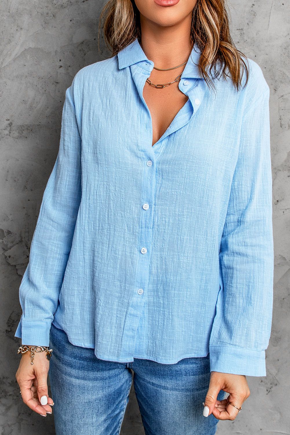 Sky Blue Textured Solid Color Basic Shirt - Yara fashion  30832516 Sky Blue Textured Solid Color Basic Shirt 