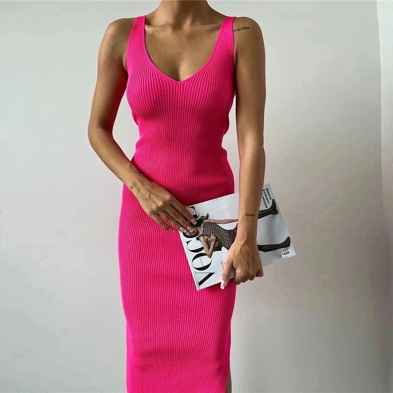 Sleeveless Knitted Mid Length Tight Summer V neck Split Elegant Dress for Women - Yara fashion  30685289 Sleeveless Knitted Mid Length Tight Summer V neck Split Elegant Dress for Women 