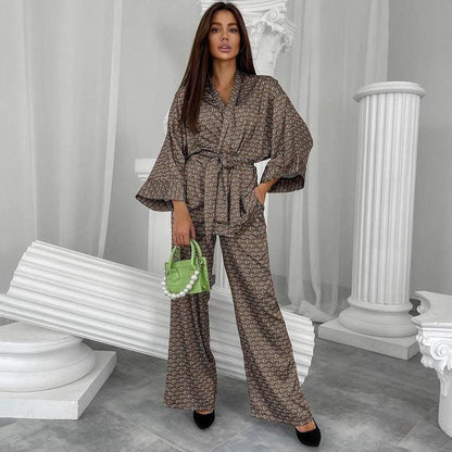 Spring Autumn Print Pajamas Nightgown Pajama Pants Ice Silk Trousers Suit Black Home Wear Women Loose - Yara fashion  64483490 Spring Autumn Print Pajamas Nightgown Pajama Pants Ice Silk Trousers Suit Black Home Wear Women Loose 