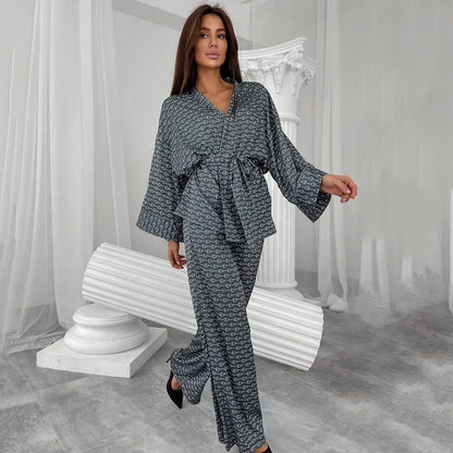 Spring Autumn Print Pajamas Nightgown Pajama Pants Ice Silk Trousers Suit Black Home Wear Women Loose - Yara fashion  68495700 Spring Autumn Print Pajamas Nightgown Pajama Pants Ice Silk Trousers Suit Black Home Wear Women Loose 