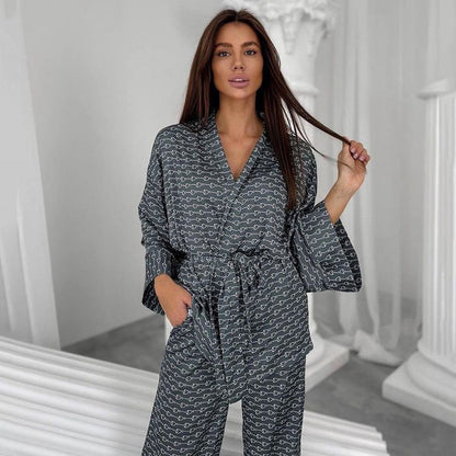 Spring Autumn Print Pajamas Nightgown Pajama Pants Ice Silk Trousers Suit Black Home Wear Women Loose - Yara fashion  75429503 Spring Autumn Print Pajamas Nightgown Pajama Pants Ice Silk Trousers Suit Black Home Wear Women Loose 