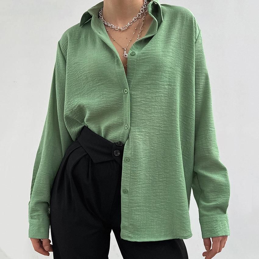 Spring Avocado Green Collared Single Breasted Shirt Women High Grade Casual Long Sleeve - Yara fashion  86212647 Spring Avocado Green Collared Single Breasted Shirt Women High Grade Casual Long Sleeve 