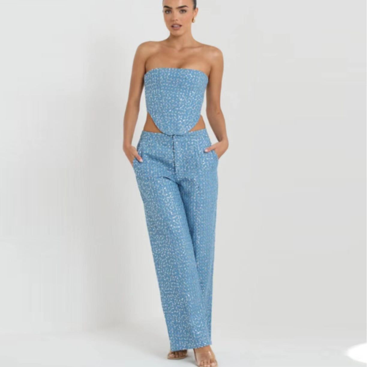 Spring Summer Denim Sequa Tube Top Wide Leg Pants Suit - Yara fashion  22493462 Spring Summer Denim Sequa Tube Top Wide Leg Pants Suit 