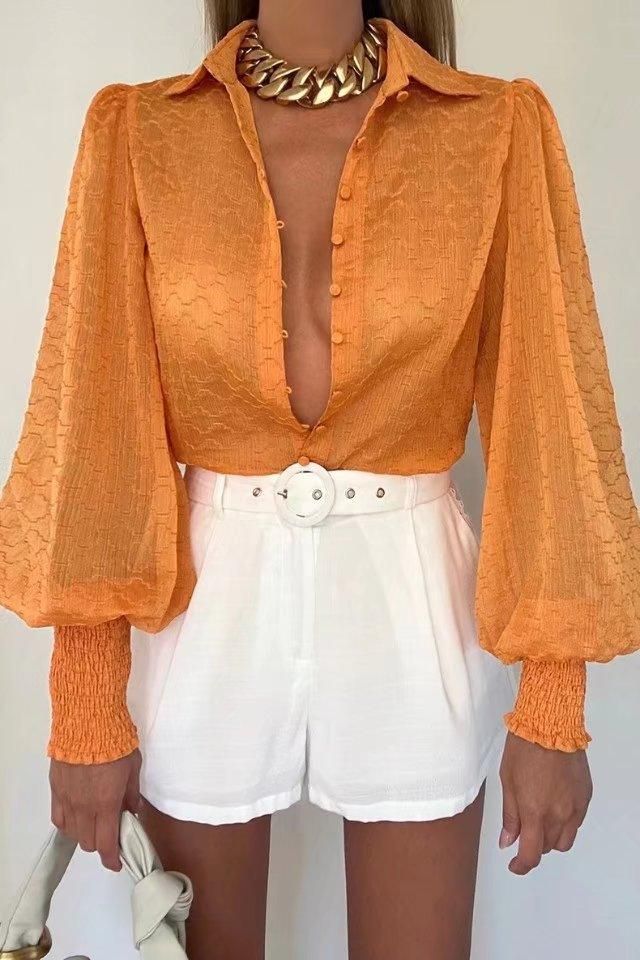 Spring Summer Two Color Embossed Loose Long Sleeved Shirt Single Breasted Top - Yara fashion  21958514 Spring Summer Two Color Embossed Loose Long Sleeved Shirt Single Breasted Top 