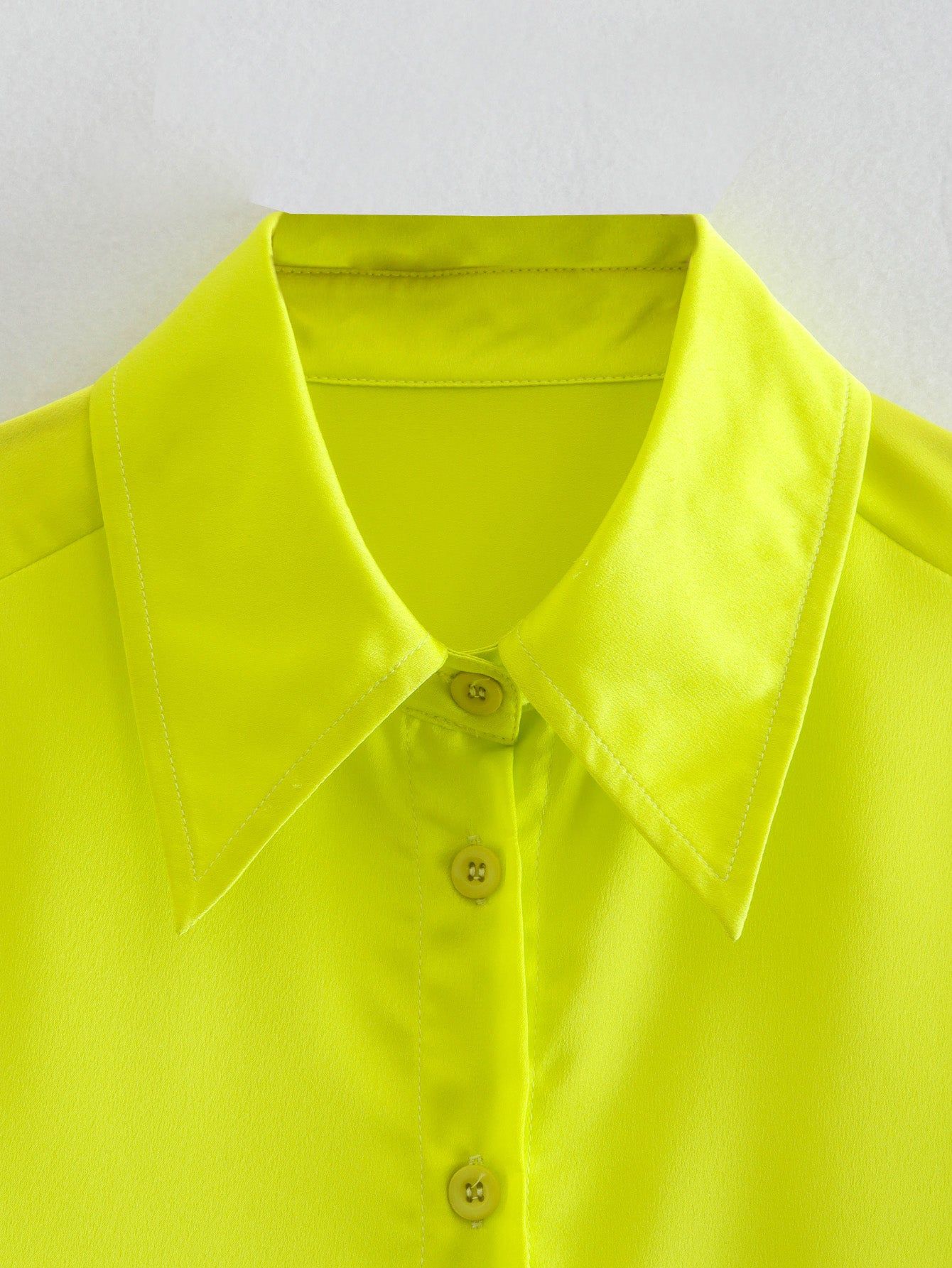 Spring Women Bright Yellow Satin Texture Shirt Top - Yara fashion  3819446 Spring Women Bright Yellow Satin Texture Shirt Top 