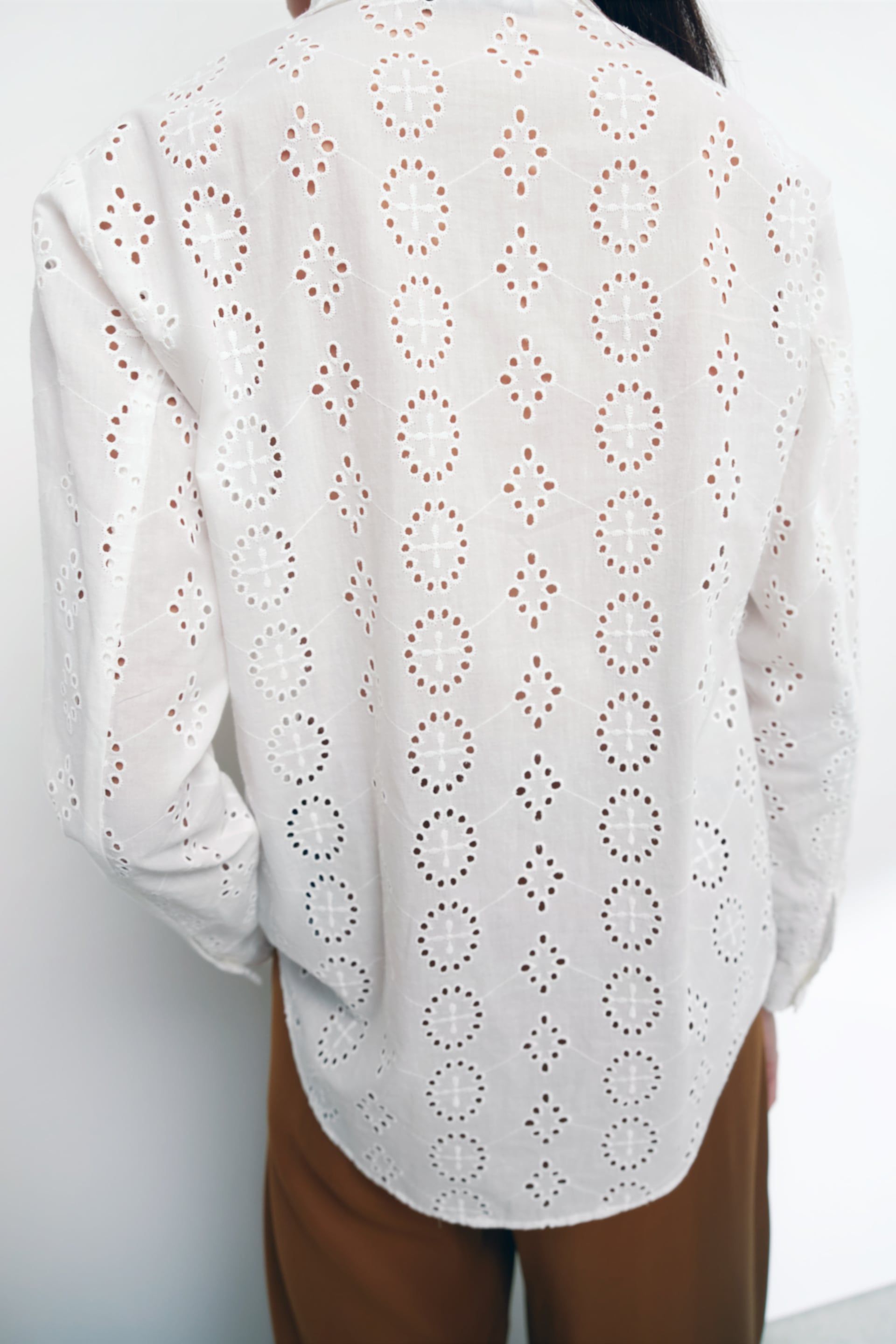 Spring Women White Long Sleeve Hollow Out Cutout Eyelet Embroidered Shirt - Yara fashion  50651042 Spring Women White Long Sleeve Hollow Out Cutout Eyelet Embroidered Shirt 