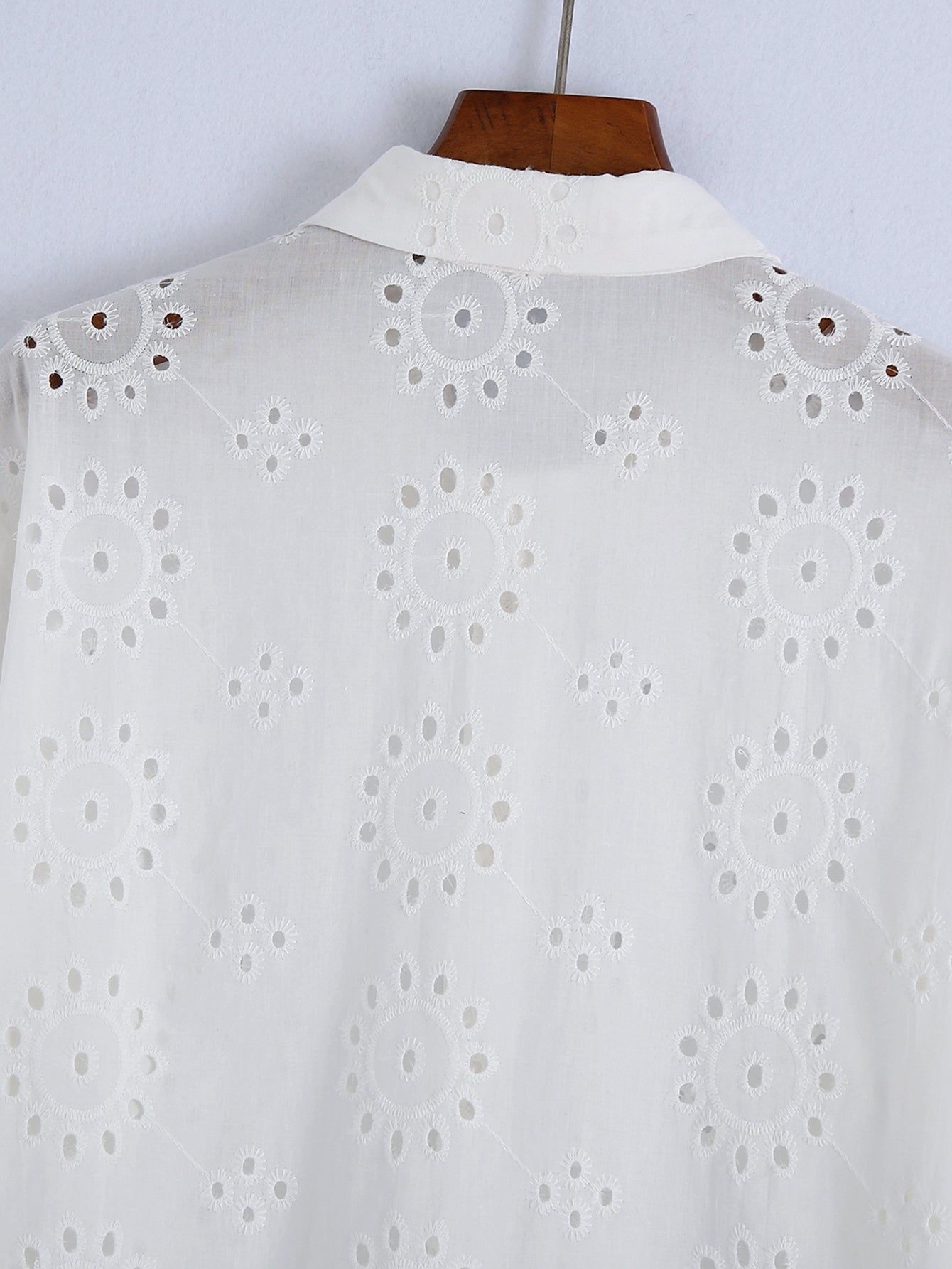 Spring Women White Long Sleeve Hollow Out Cutout Eyelet Embroidered Shirt - Yara fashion  5044099 Spring Women White Long Sleeve Hollow Out Cutout Eyelet Embroidered Shirt 