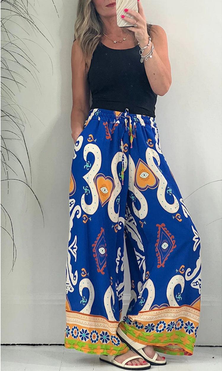 Summer Autumn Printed Pocket Casual Loose Wide Leg Pants Thin Women Trousers - Yara fashion  70438761 Summer Autumn Printed Pocket Casual Loose Wide Leg Pants Thin Women Trousers 