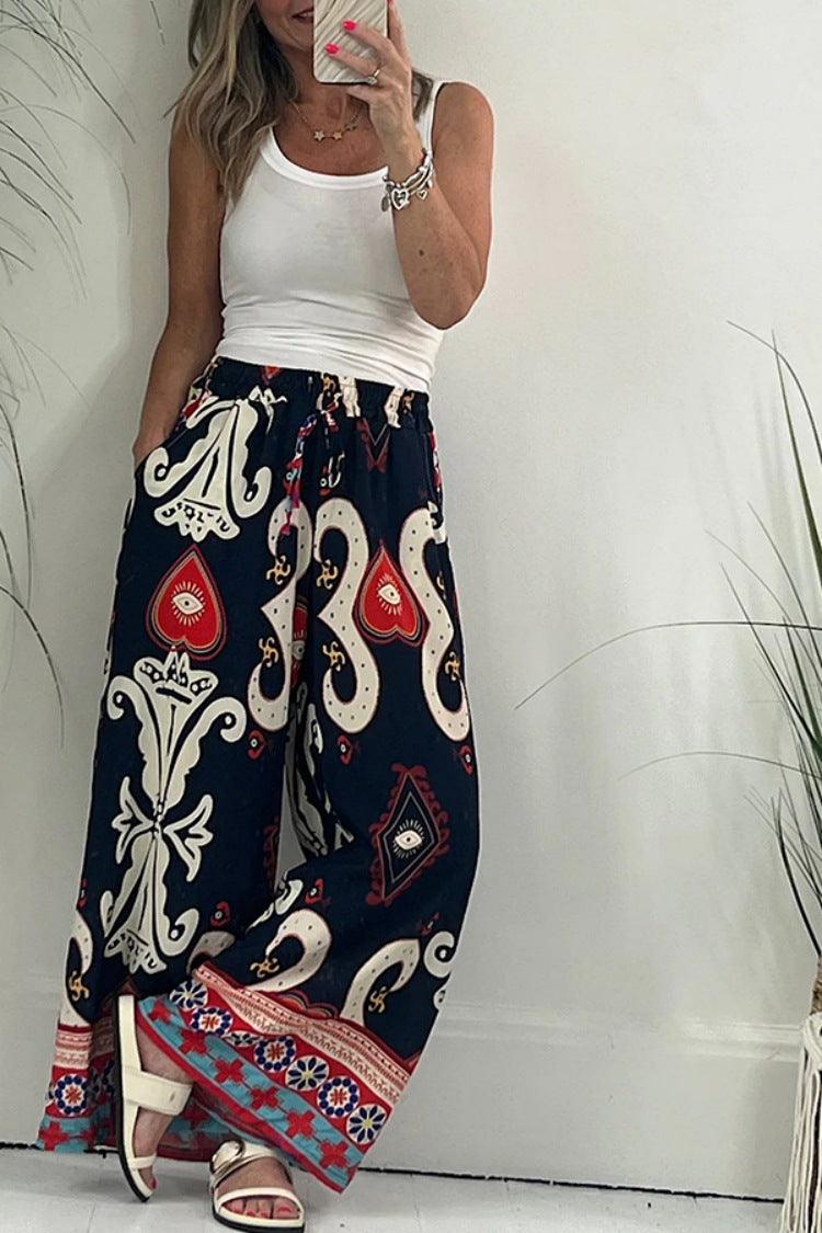 Summer Autumn Printed Pocket Casual Loose Wide Leg Pants Thin Women Trousers - Yara fashion  13311503 Summer Autumn Printed Pocket Casual Loose Wide Leg Pants Thin Women Trousers 