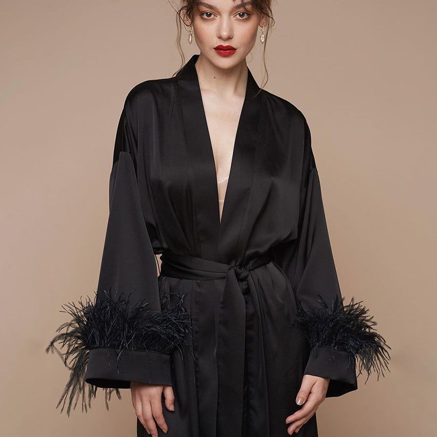 Summer Ostrich Feather Cardigan Nightgown Long Sleeve Solid Color Loose Comfortable Ladies Homewear - Yara fashion  64539087 Summer Ostrich Feather Cardigan Nightgown Long Sleeve Solid Color Loose Comfortable Ladies Homewear 