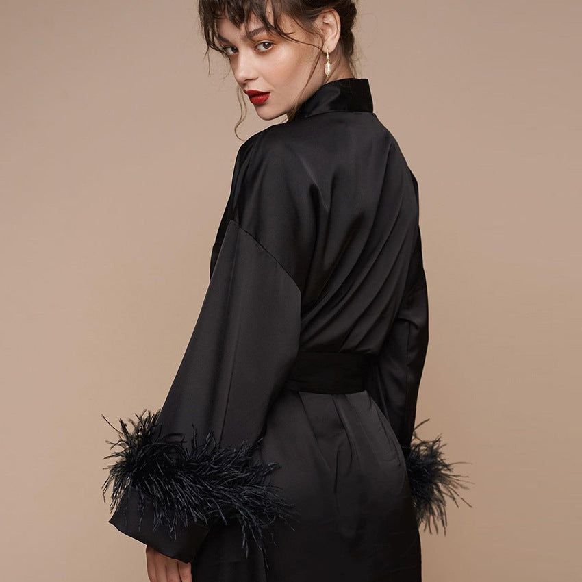 Summer Ostrich Feather Cardigan Nightgown Long Sleeve Solid Color Loose Comfortable Ladies Homewear - Yara fashion  17657519 Summer Ostrich Feather Cardigan Nightgown Long Sleeve Solid Color Loose Comfortable Ladies Homewear 