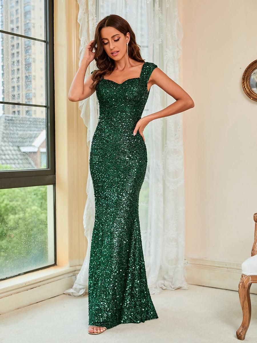 Summer Sequined Elegant Green Suspenders Mid Waist Party Evening Dress Long Mop Dress - Yara fashion  9875396 Summer Sequined Elegant Green Suspenders Mid Waist Party Evening Dress Long Mop Dress 