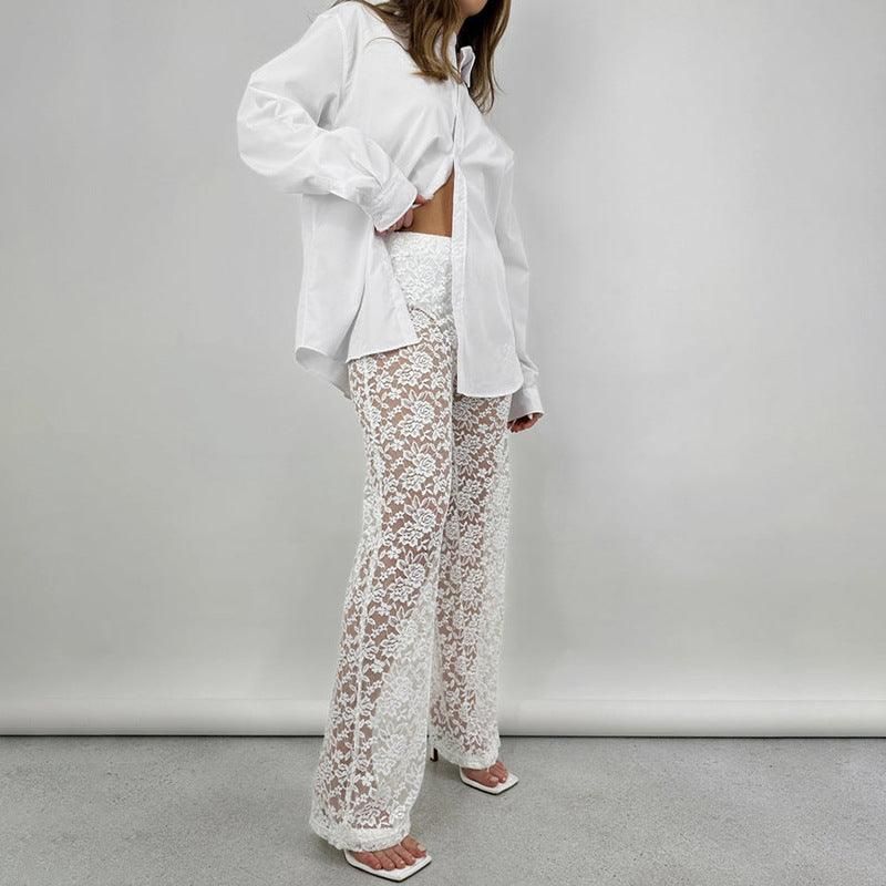 Summer Sexy All Matching Lace See through High Waist Stitching Long Straight Leg Pants - Yara fashion  18996251 Summer Sexy All Matching Lace See through High Waist Stitching Long Straight Leg Pants 