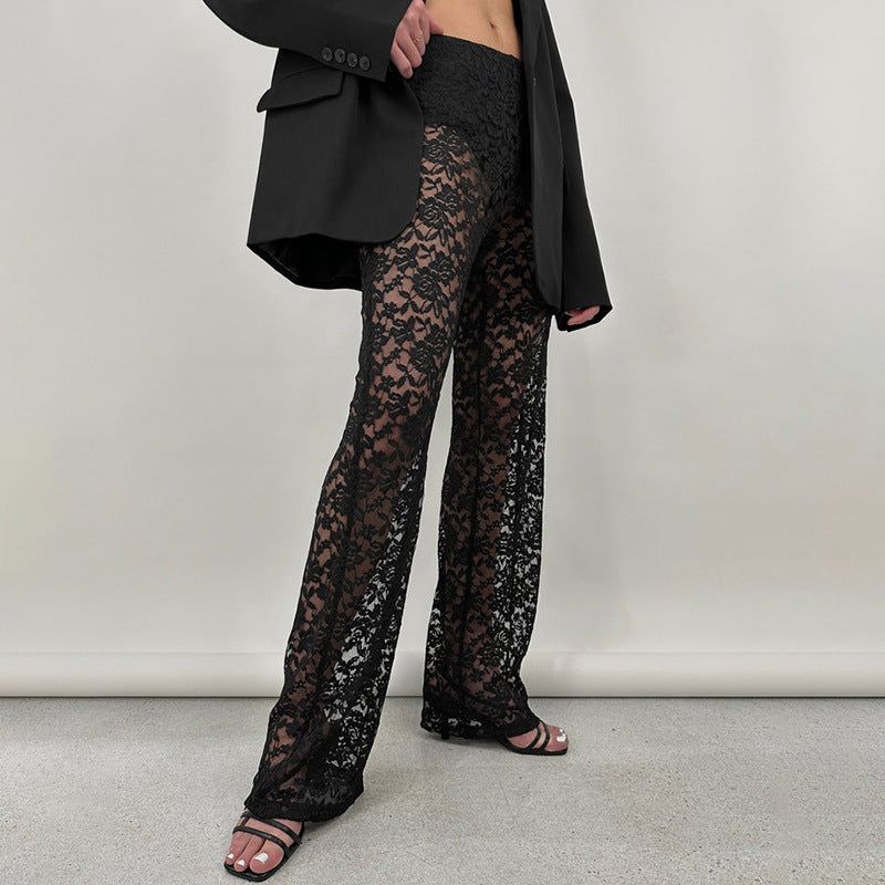 Summer Sexy All Matching Lace See through High Waist Stitching Long Straight Leg Pants - Yara fashion  50506608 Summer Sexy All Matching Lace See through High Waist Stitching Long Straight Leg Pants 