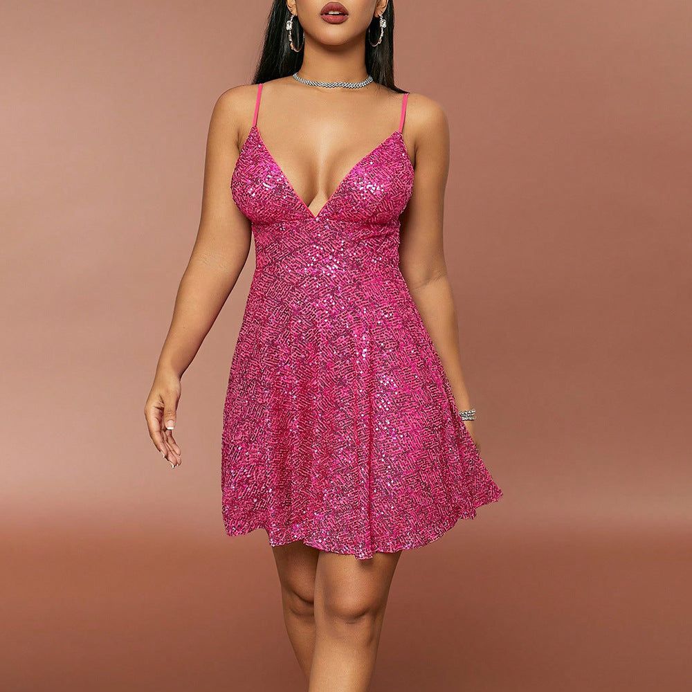 Summer Sexy Sweet Spicy Dress Sequin Stitching Deep V Plunge Suspender Dress - Yara fashion  20418389 Summer Sexy Sweet Spicy Dress Sequin Stitching Deep V Plunge Suspender Dress 