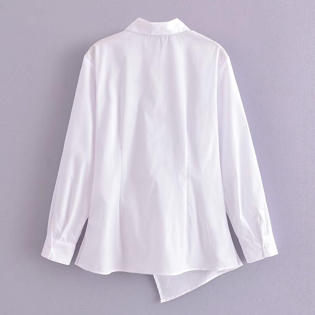 Summer Simple Collared Long Sleeve Asymmetric White Single Breasted Shirt for Women - Yara fashion  82570783 Summer Simple Collared Long Sleeve Asymmetric White Single Breasted Shirt for Women 