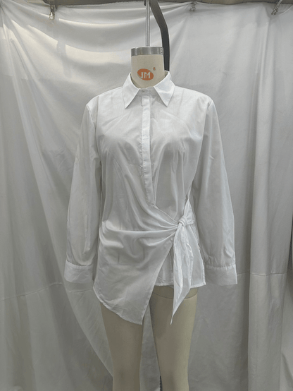 Summer Simple Collared Long Sleeve Asymmetric White Single Breasted Shirt for Women - Yara fashion  42948332 Summer Simple Collared Long Sleeve Asymmetric White Single Breasted Shirt for Women 