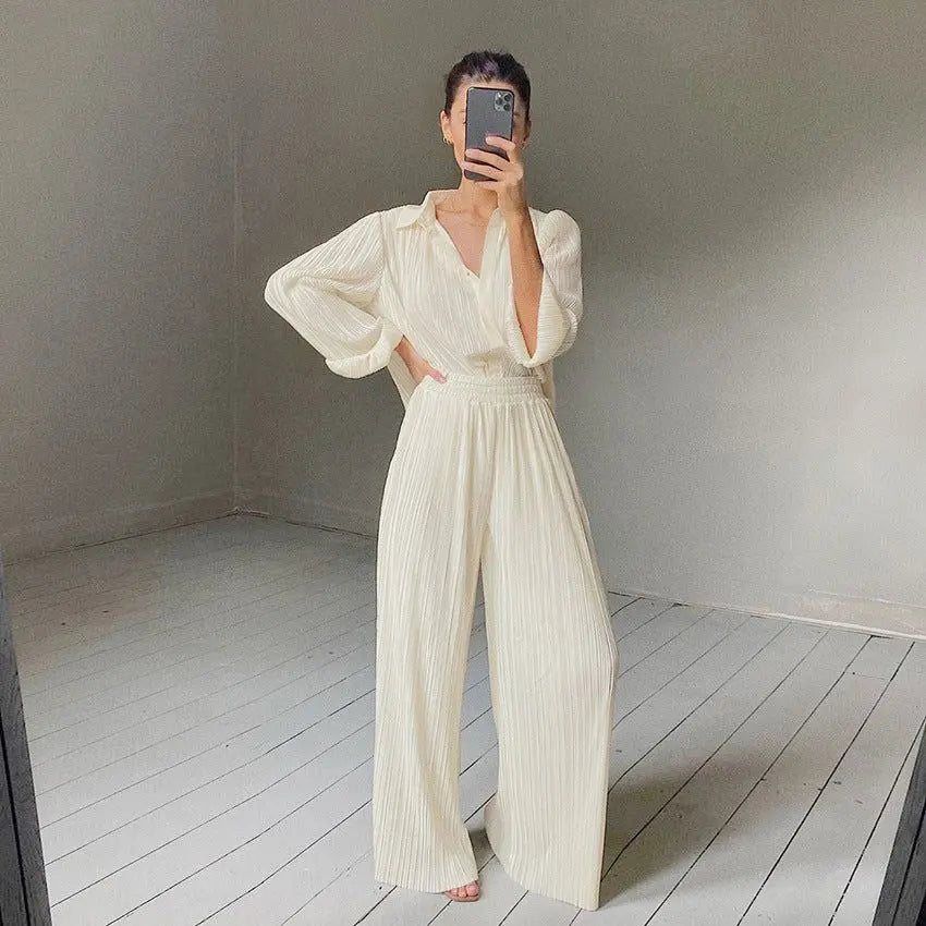 Summer Thin Pleated Pajamas Set Artificial Silk Toothpick Pleated Outdoor All Matching Home Wear Women - Yara fashion  44754739 Summer Thin Pleated Pajamas Set Artificial Silk Toothpick Pleated Outdoor All Matching Home Wear Women 