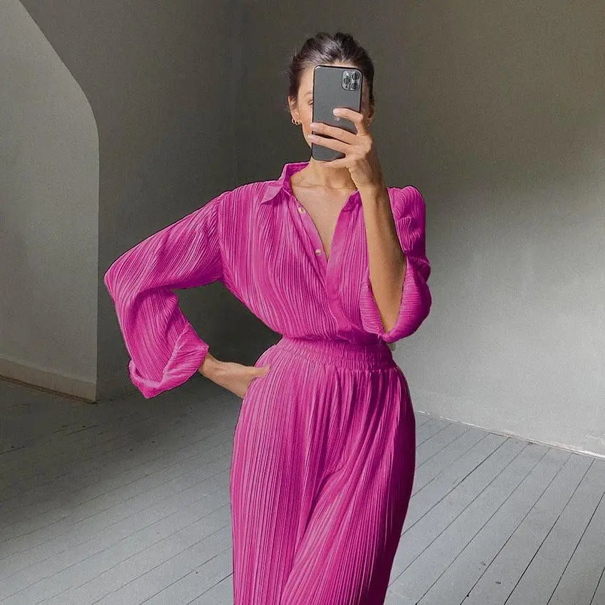 Summer Thin Pleated Pajamas Set Artificial Silk Toothpick Pleated Outdoor All Matching Home Wear Women - Yara fashion  68893651 Summer Thin Pleated Pajamas Set Artificial Silk Toothpick Pleated Outdoor All Matching Home Wear Women 