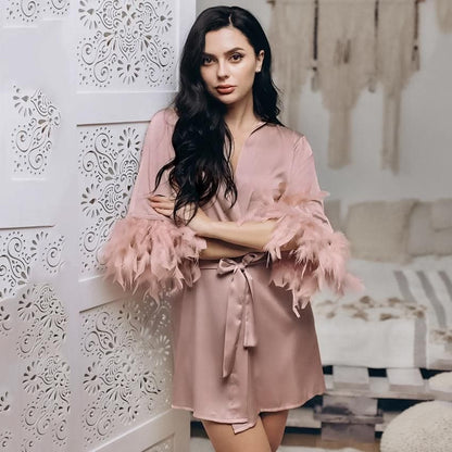 Summer Thin Solid Color Feather Pajamas Satin Ice Silk Simple Cheap Comfortable Women Nightgown - Yara fashion  84826041 Summer Thin Solid Color Feather Pajamas Satin Ice Silk Simple Cheap Comfortable Women Nightgown 