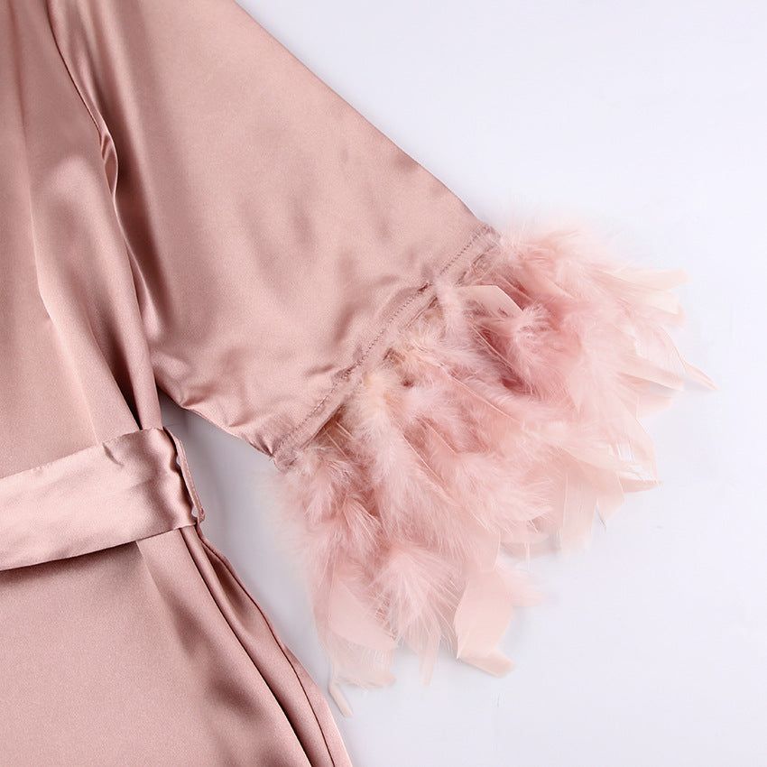 Summer Thin Solid Color Feather Pajamas Satin Ice Silk Simple Cheap Comfortable Women Nightgown - Yara fashion  14482628 Summer Thin Solid Color Feather Pajamas Satin Ice Silk Simple Cheap Comfortable Women Nightgown 